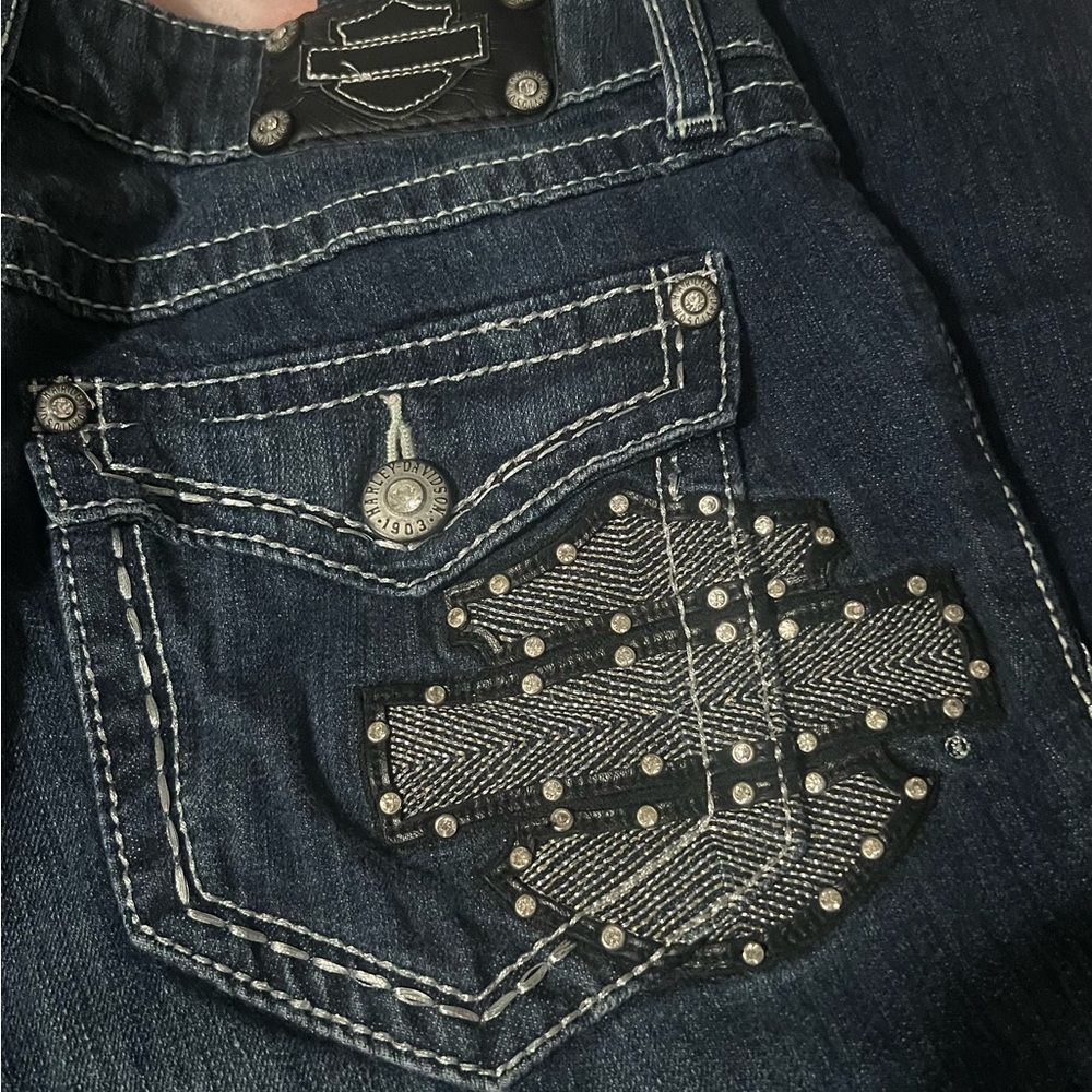 Harley Davison blue jeans size 8 tall with rhinestones only wore once!!!